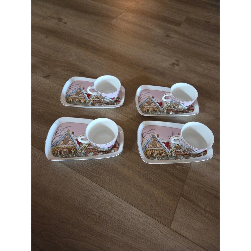 Grace Fine Ceramic Gingerbread House Tea Set‎ 4 Cups 4 Rectangular Plates Pink